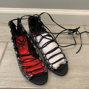 Taylor Says | Michelle Lace up leather flats eyeball print black & green Sz 7.5